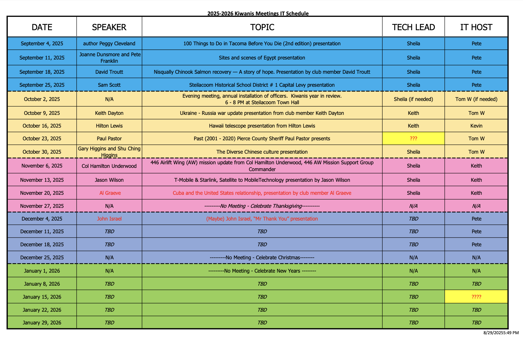 Tech team schedule August 20 2025